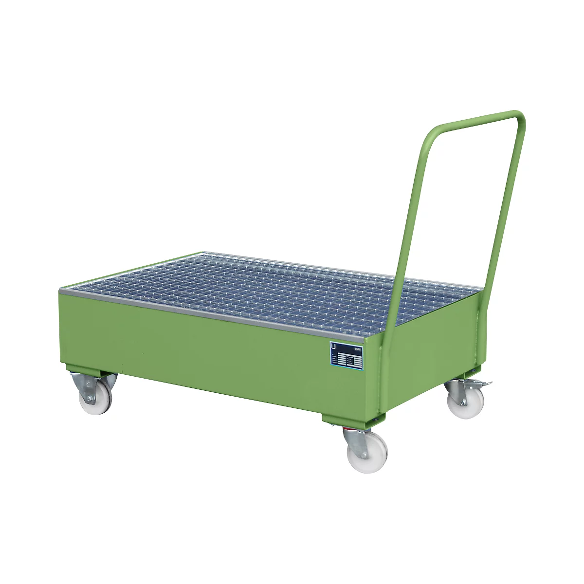 Stalen lekbak met wielen + greep, 1200 x 800 mm, groen RAL 6011