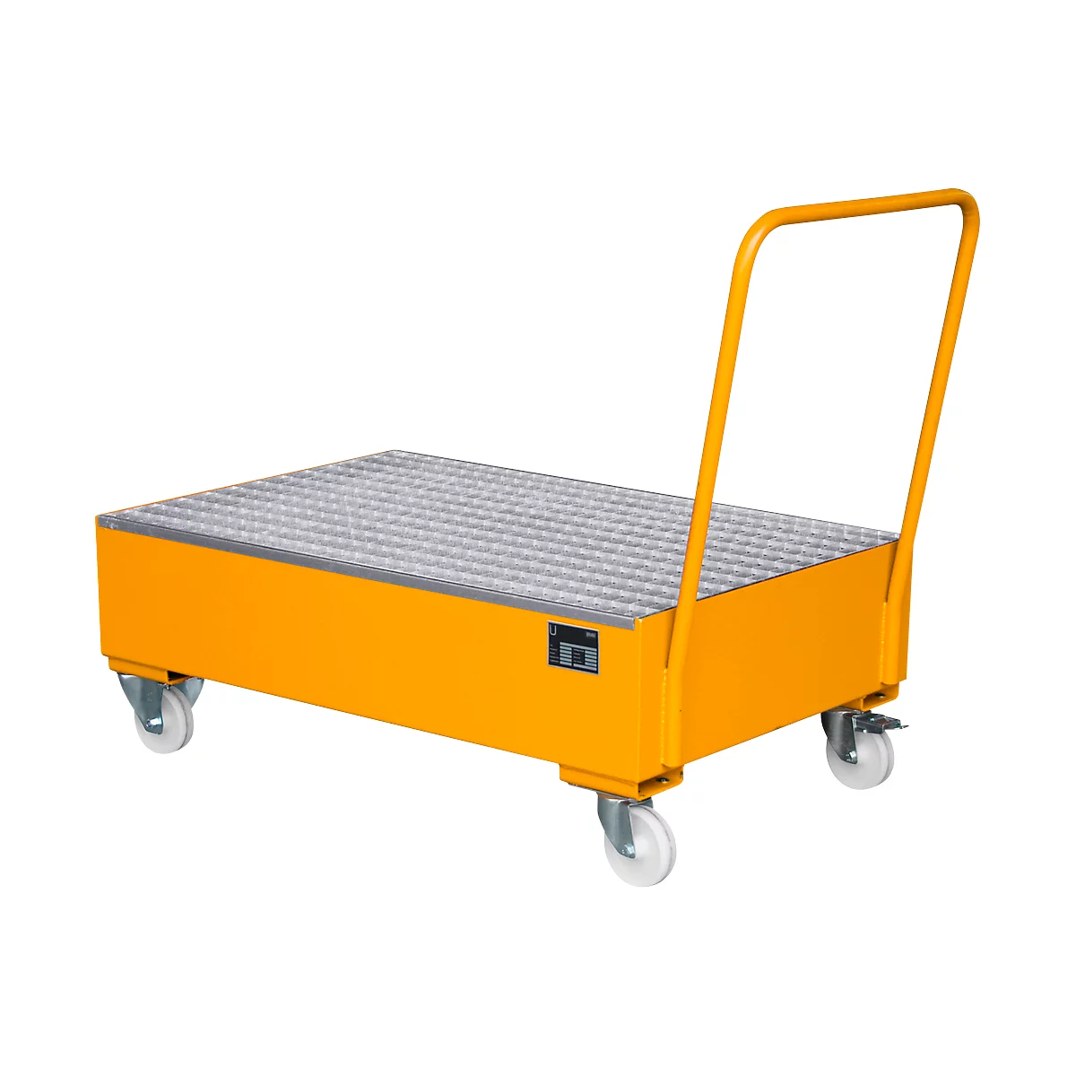 Stalen lekbak met wielen + greep, 1200 x 800 mm, oranje RAL 2000