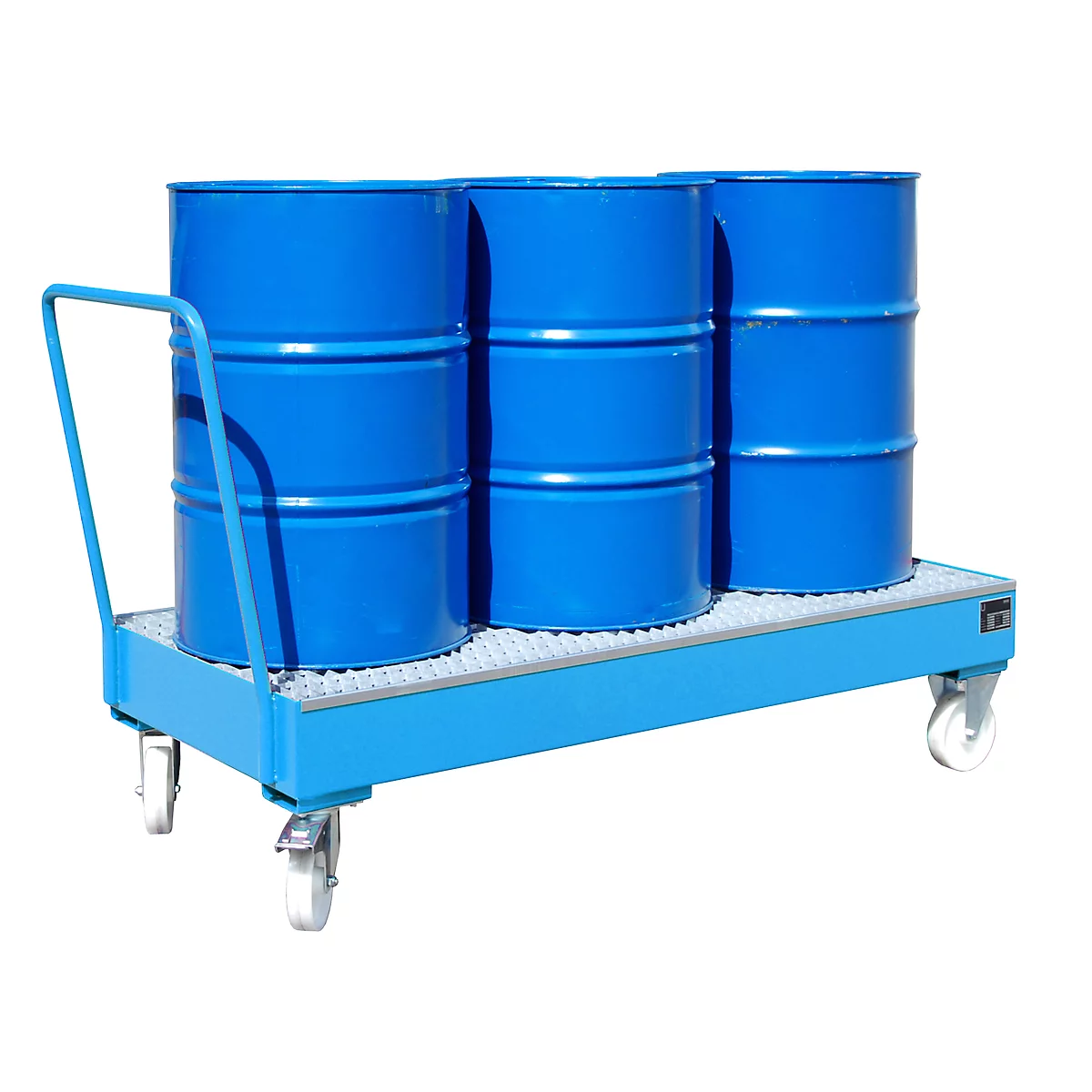 Stalen lekbak met wielen + greep, 1800 x 800 mm, blauw RAL 5012