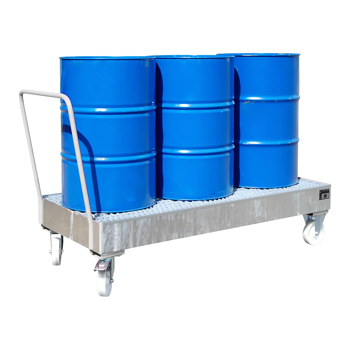 Stalen lekbak met wielen + greep, 1800 x 800 mm, gegalvaniseerd