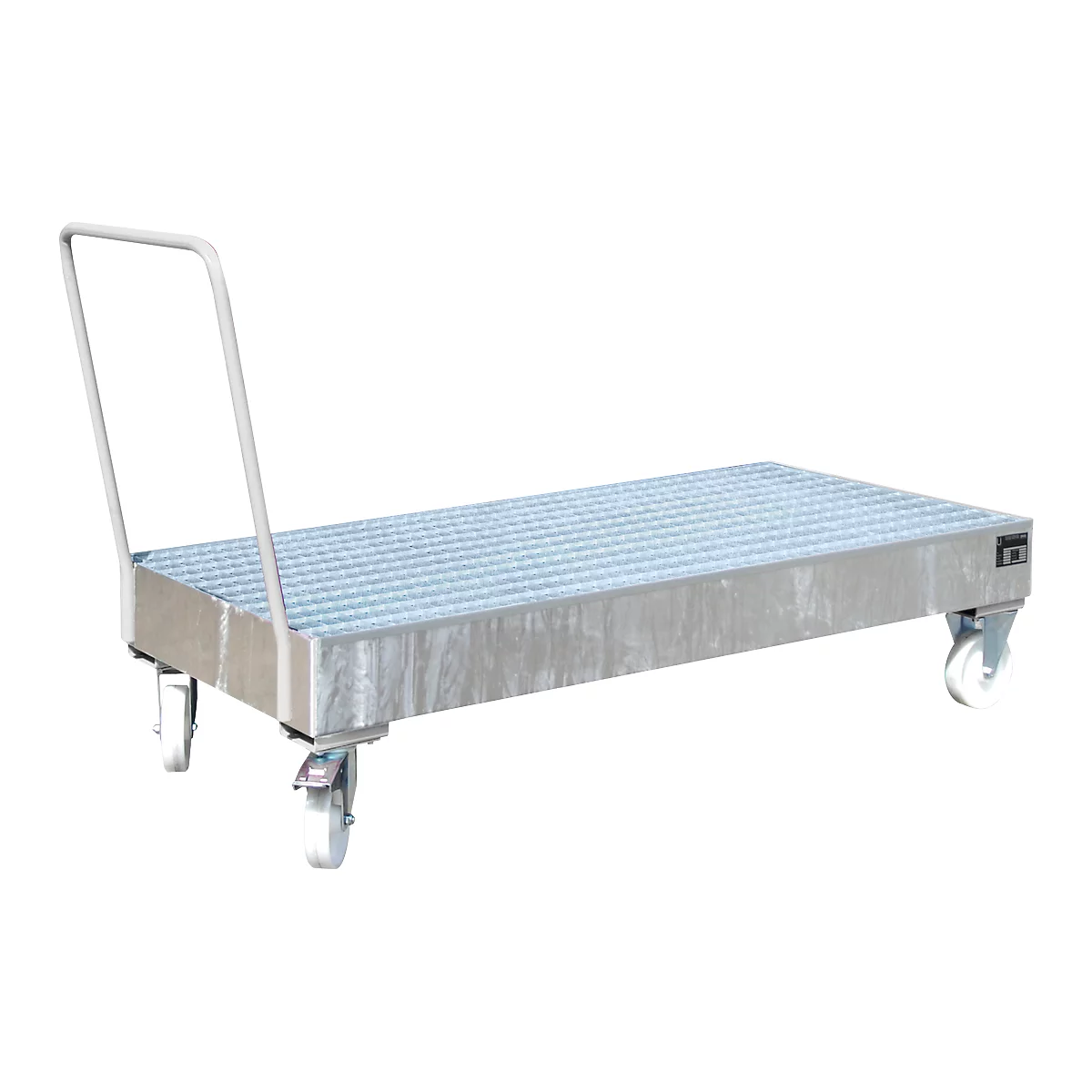 Stalen lekbak met wielen + greep, 1800 x 800 mm, gegalvaniseerd