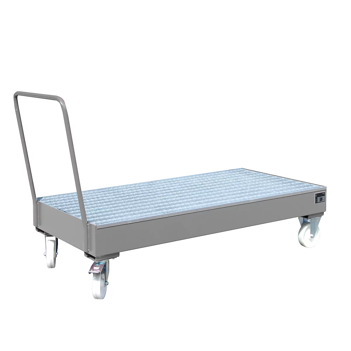 Stalen lekbak met wielen + greep, 1800 x 800 mm, grijs RAL 7005