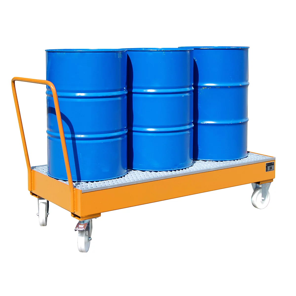Stalen lekbak met wielen + greep, 1800 x 800 mm, oranje RAL 2000