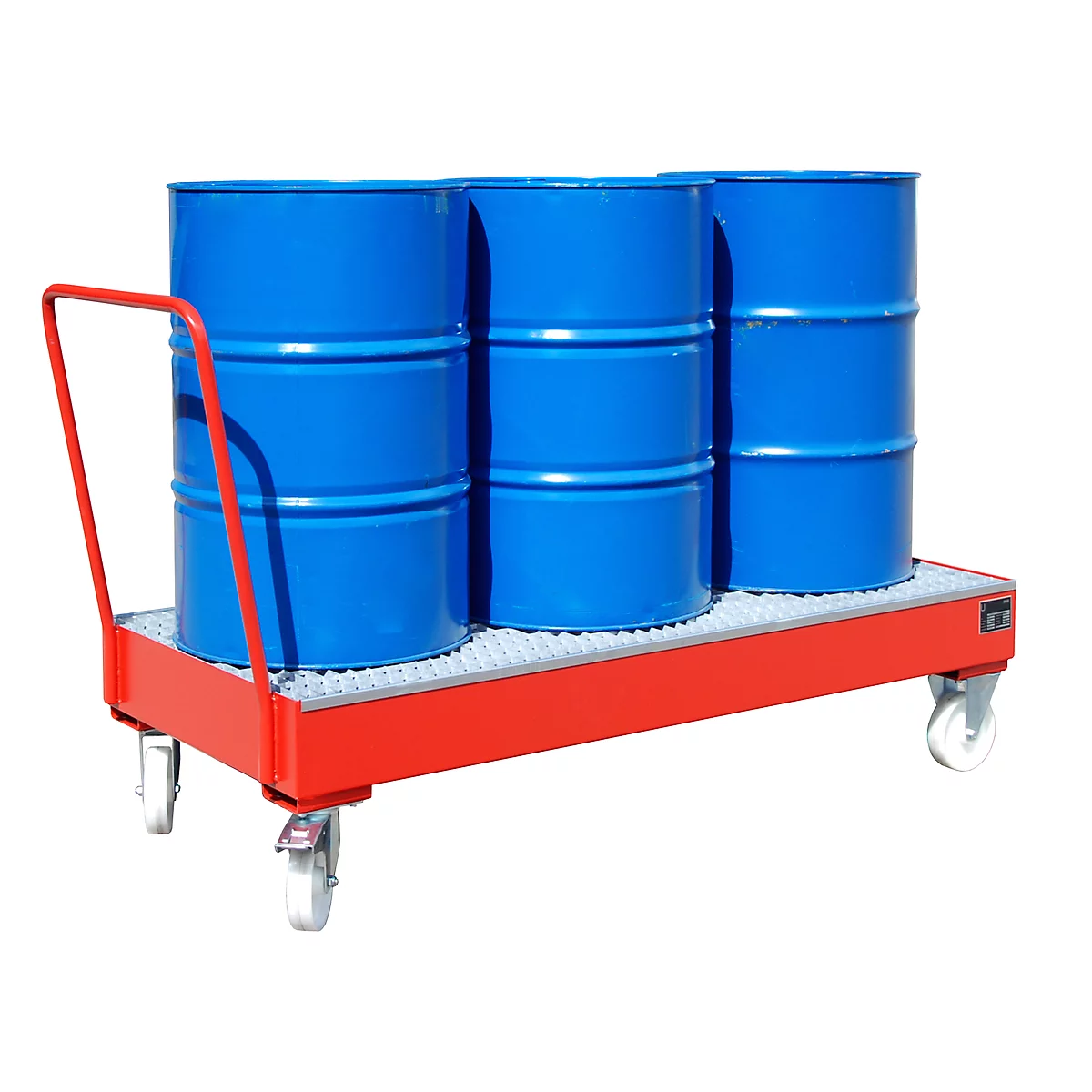 Stalen lekbak met wielen + greep, 1800 x 800 mm, rood RAL 3000