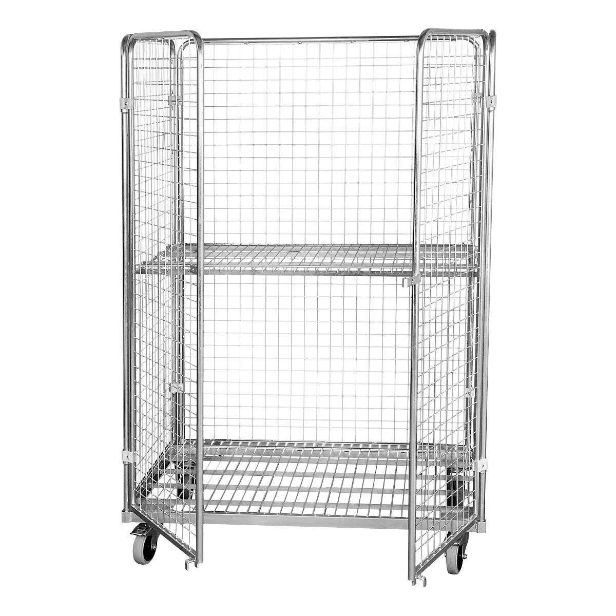 Stalen rolcontainer met afmetingen van Europallets, met 2 zijwanden, 1 achterwand, 2 deuren