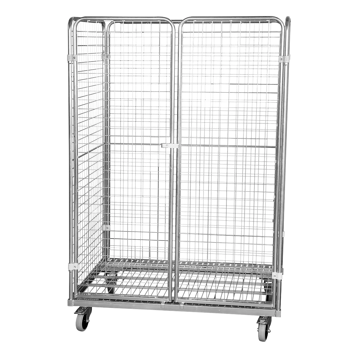 Stalen rolcontainer met afmetingen van Europallets, met 2 zijwanden, 1 achterwand, 2 deuren