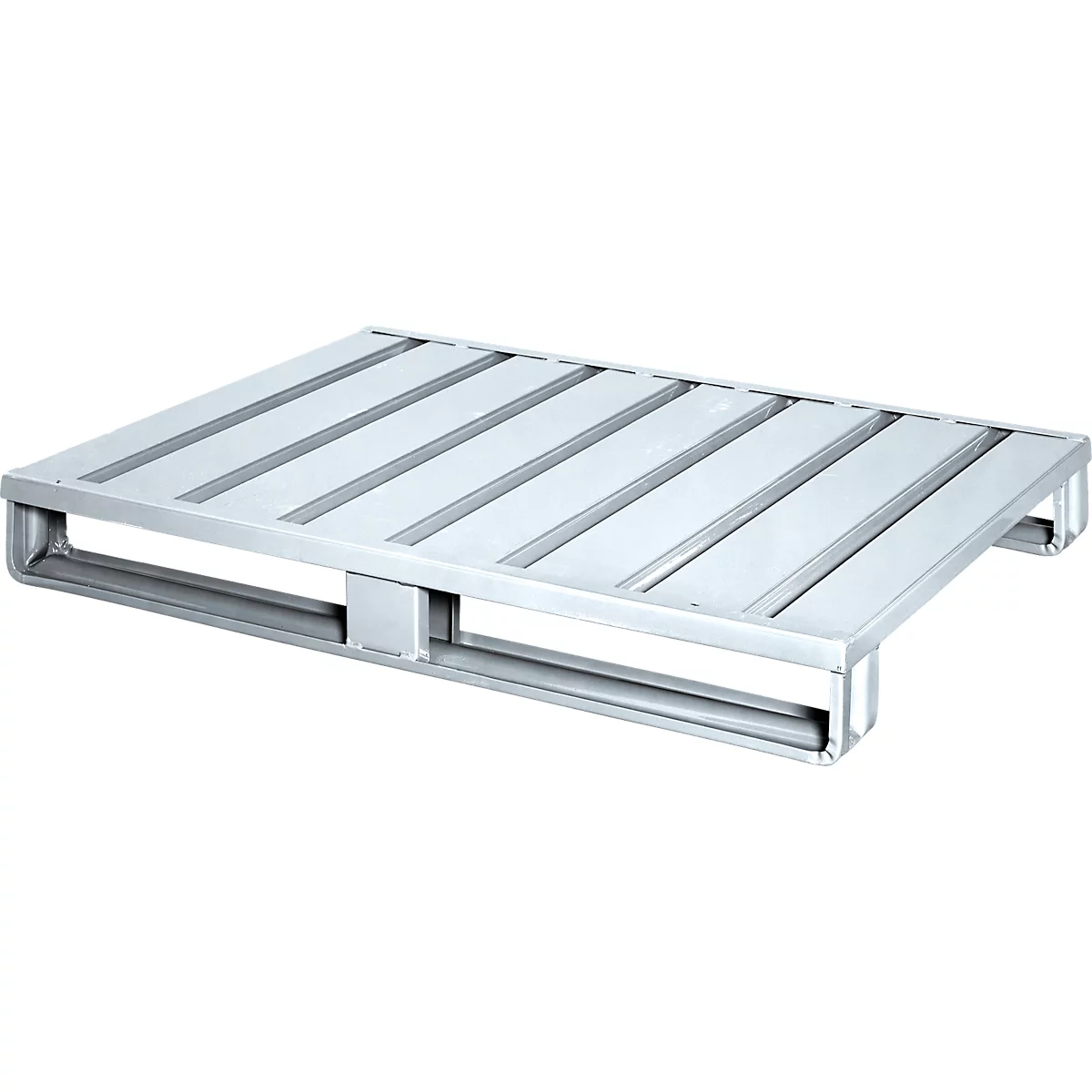 Stalen vlakke pallet, Euromaat, tot 1500 kg, gesloten bovendek, 2 stalen rails, L 1200 x B 800 x H 130 mm, staal, gegalvaniseerd