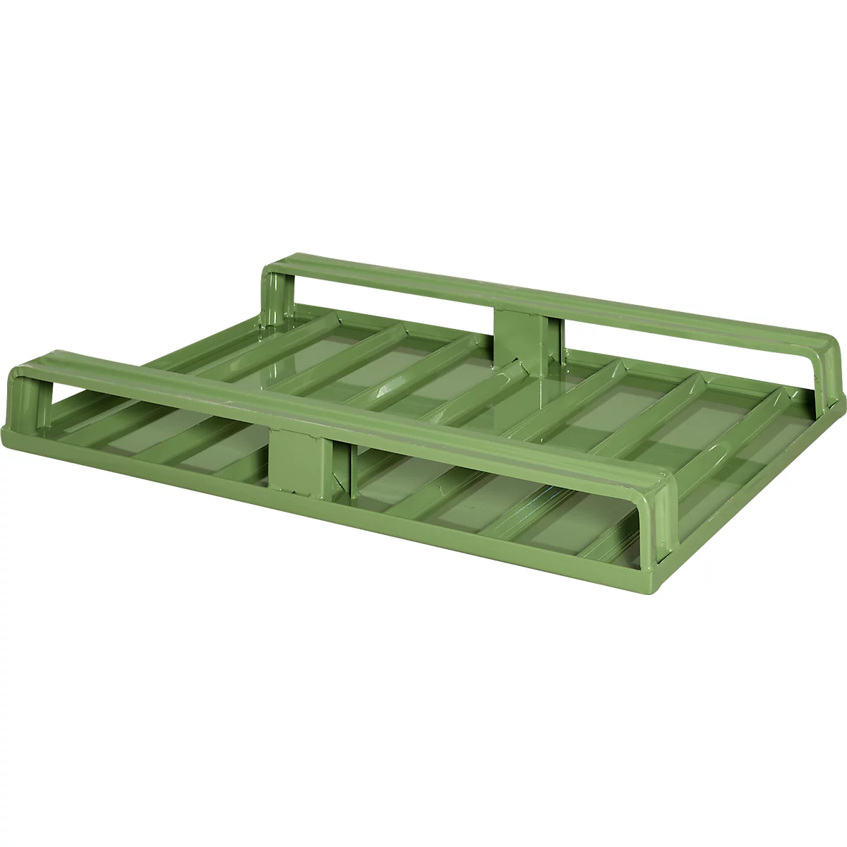 Stalen vlakke pallet, Euromaat, tot 1500 kg, gesloten bovendek, 2 stalen sledes, L 1200 x B 800 x H 130 mm, staal, Resedagroen RAL 6011