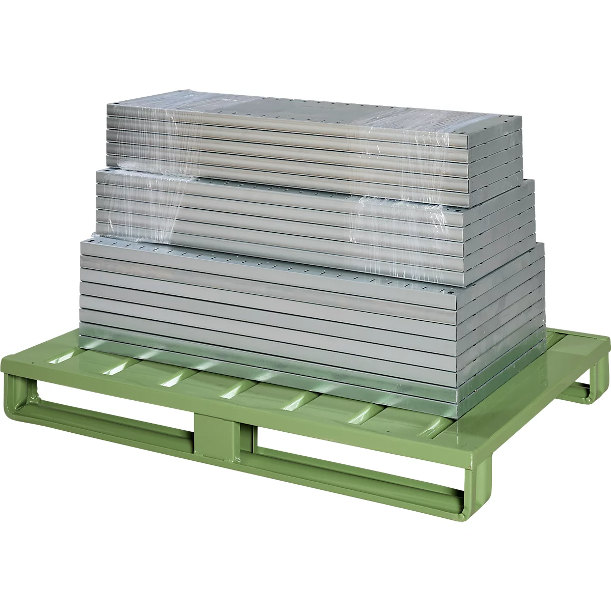 Stalen vlakke pallet, Euromaat, tot 1500 kg, gesloten bovendek, 2 stalen sledes, L 1200 x B 800 x H 130 mm, staal, Resedagroen RAL 6011