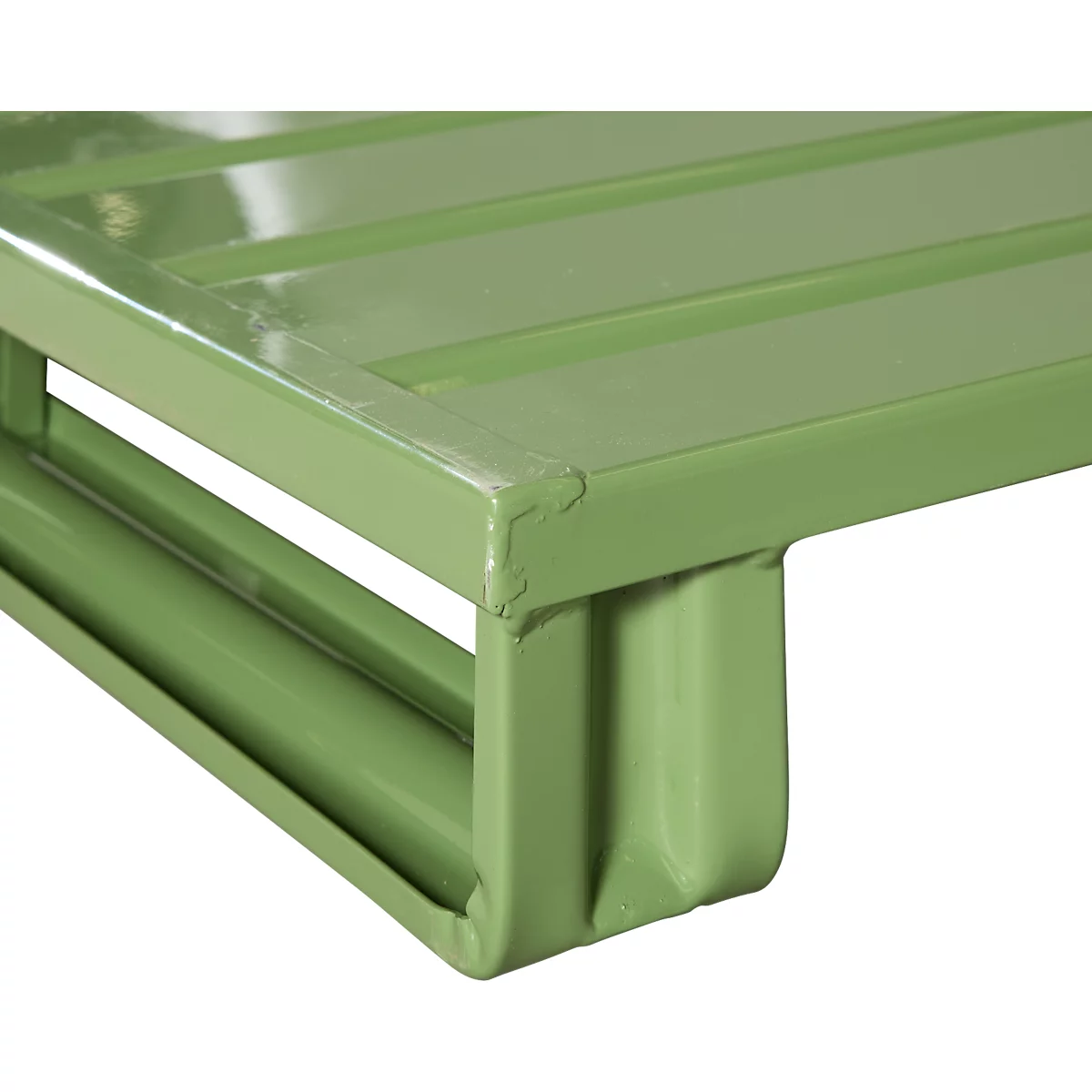 Stalen vlakke pallet, Euromaat, tot 1500 kg, gesloten bovendek, 2 stalen sledes, L 1200 x B 800 x H 130 mm, staal, Resedagroen RAL 6011