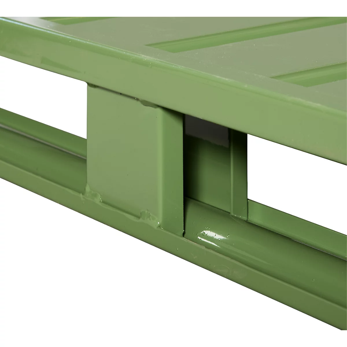 Stalen vlakke pallet, Euromaat, tot 1500 kg, gesloten bovendek, 2 stalen sledes, L 1200 x B 800 x H 130 mm, staal, Resedagroen RAL 6011