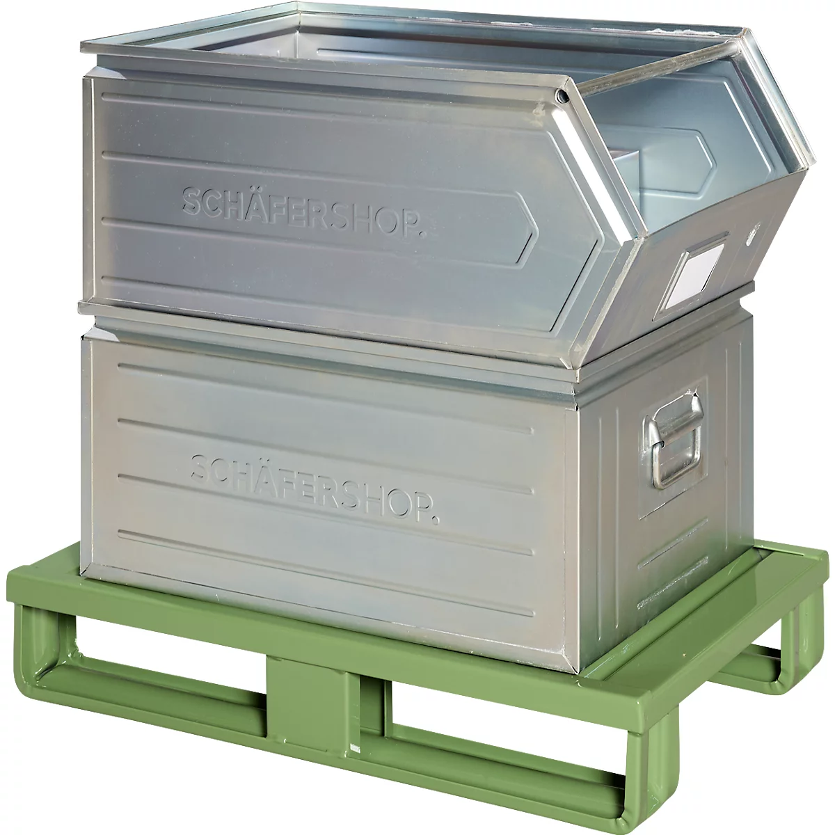 Stalen vlakke pallet, tot 1500 kg, gesloten bovendek, 2 stalen sledes, L 800 x B 500 x H 130 mm, staal, resedagroen RAL 6011