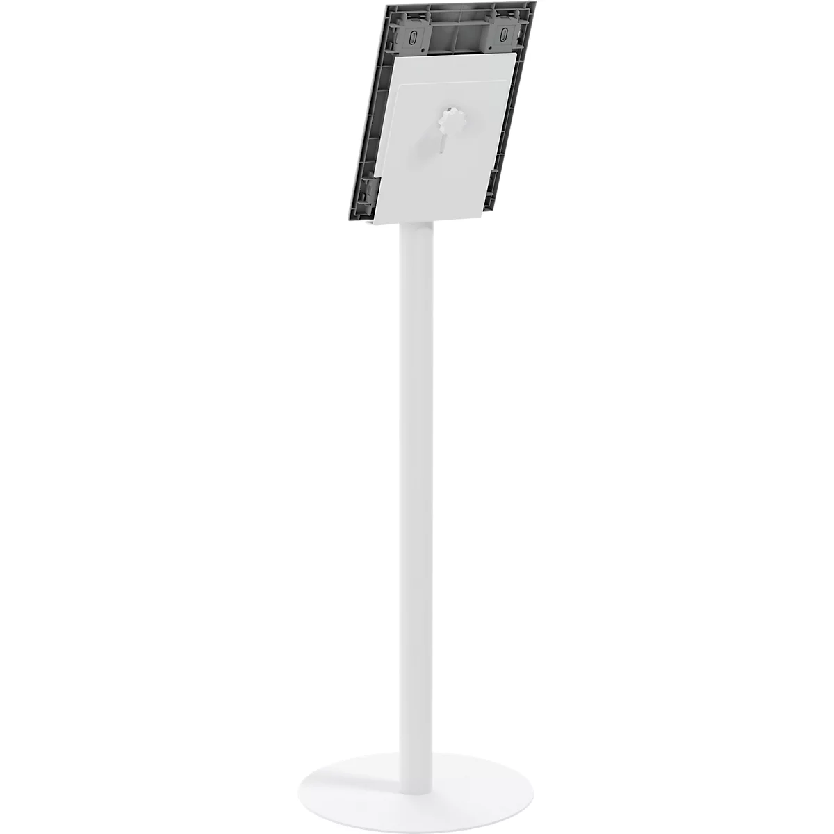 Un support blanc sur pied avec une fixation carrée au sommet, vue arrière sur fond blanc.