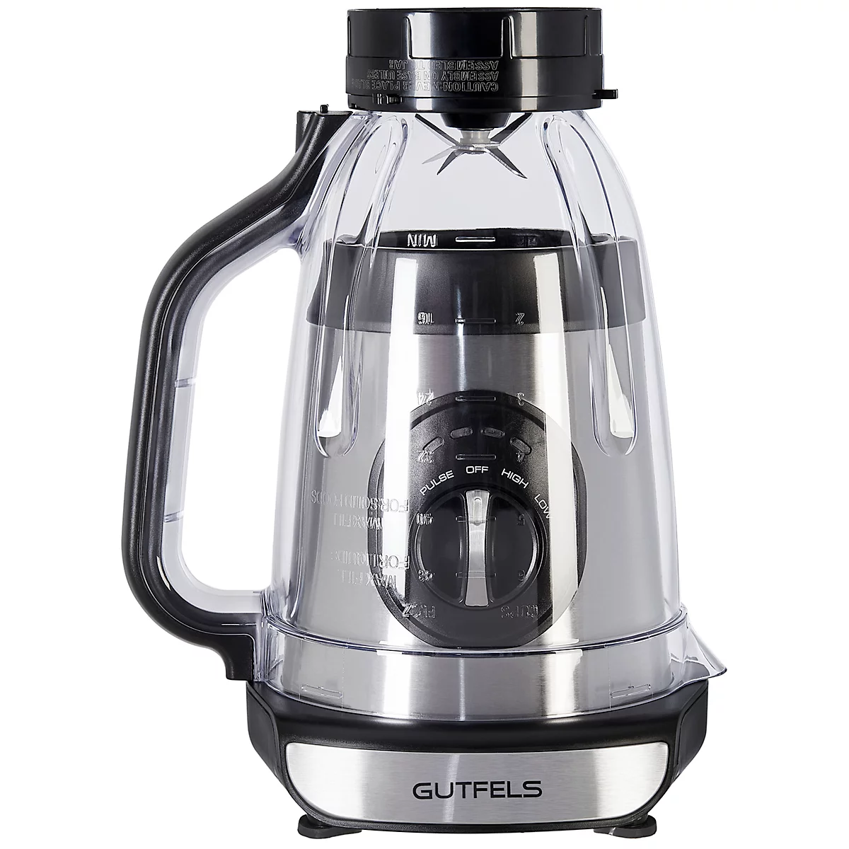 Blender with a transparent jug, handle and control elements. Manufacturer logo "Gutfels" at the bottom.