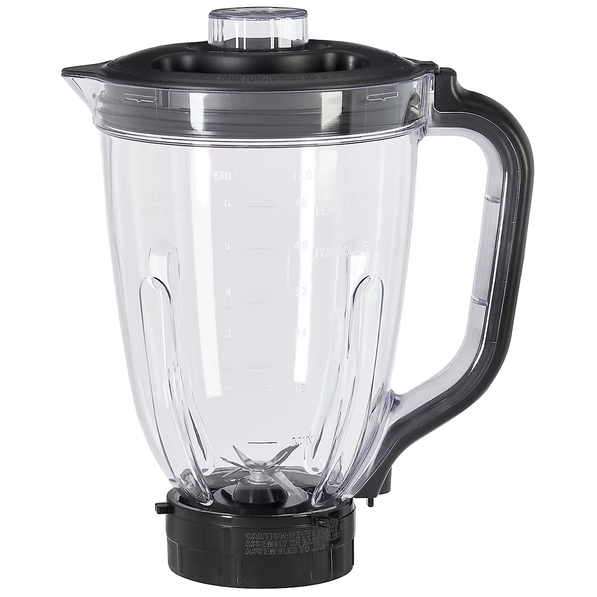 Clear plastic blender container with black lid and handle.