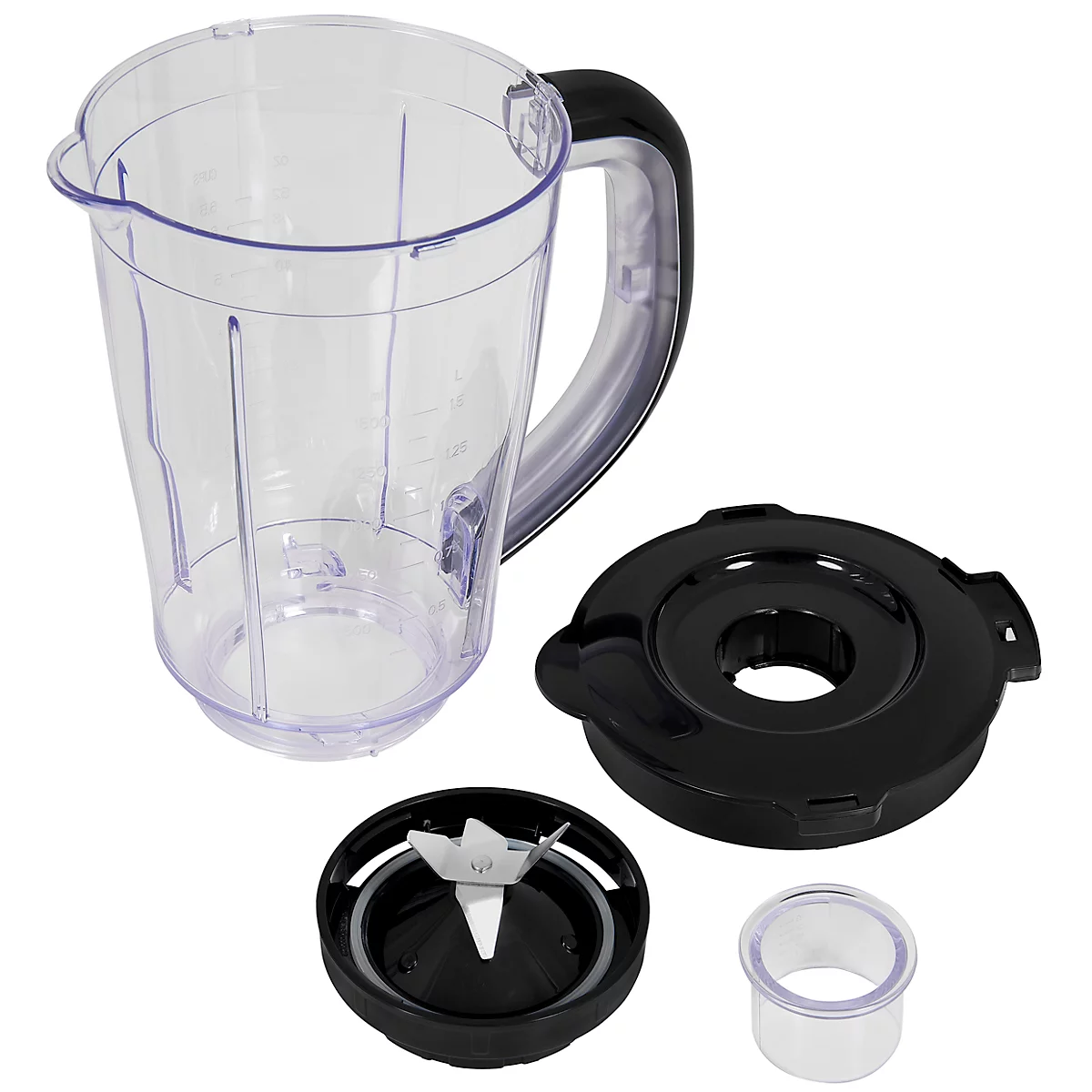 Disassembled blender with jug, lid, blade assembly and cup.