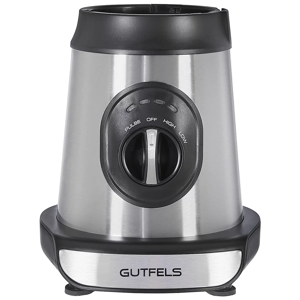 Stainless steel blender with black control panel. The dial has the settings Pulse, Off, High, and Low.