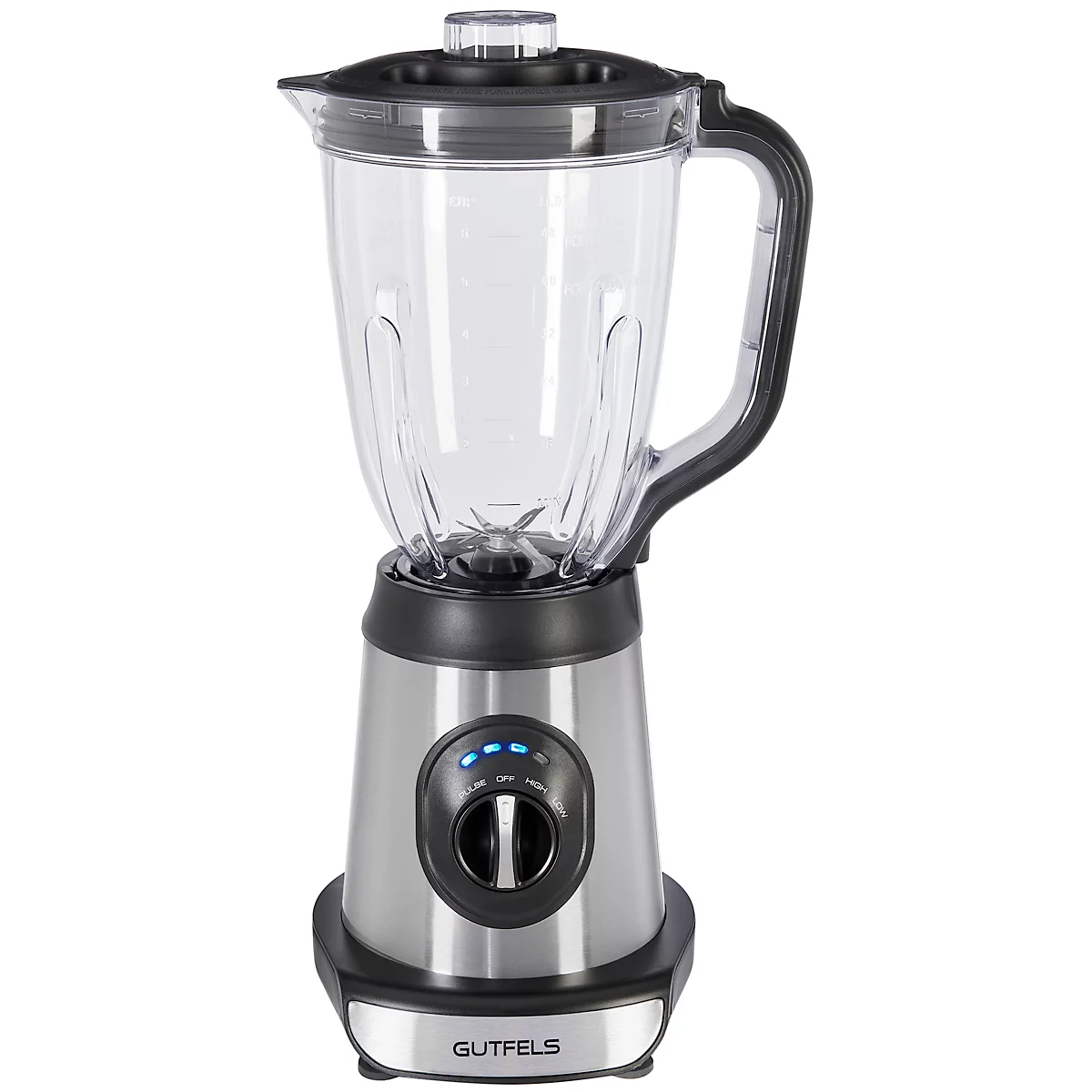 A silver blender with a glass jar and black elements, three blue lights on the base.