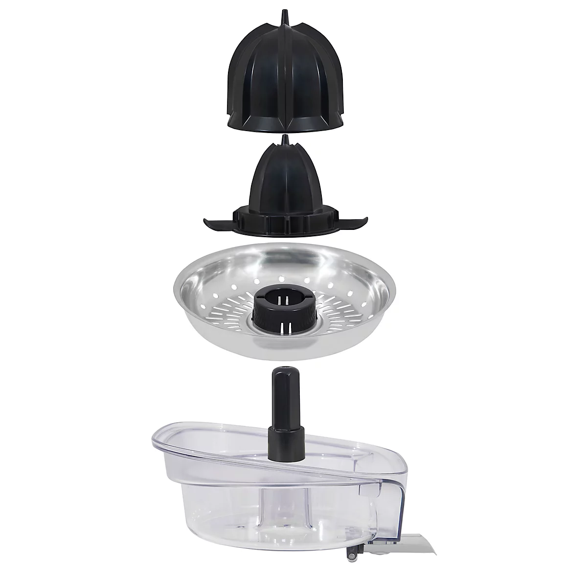 Disassembled device: black and transparent plastic parts, silver sieve, all arranged one above the other.