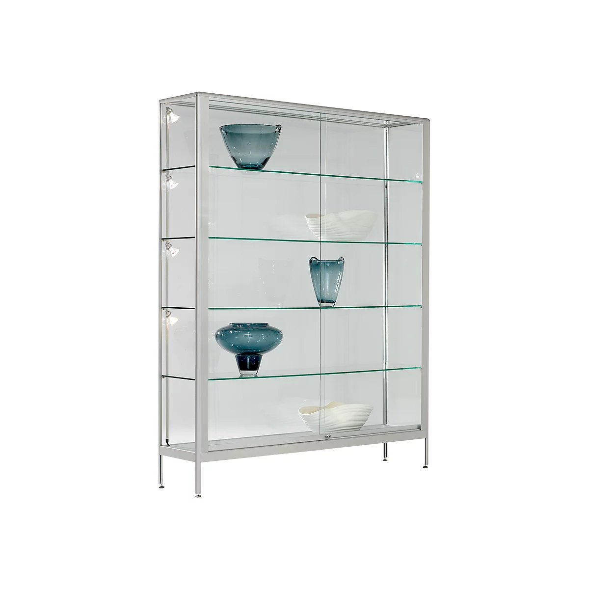 Stand-Präsentationsvitrine, 2 Schiebetüren, Aluminium-Rahmen, ESG-Verglasung, B 1500 x T 400 x H 1950 mm, silber
