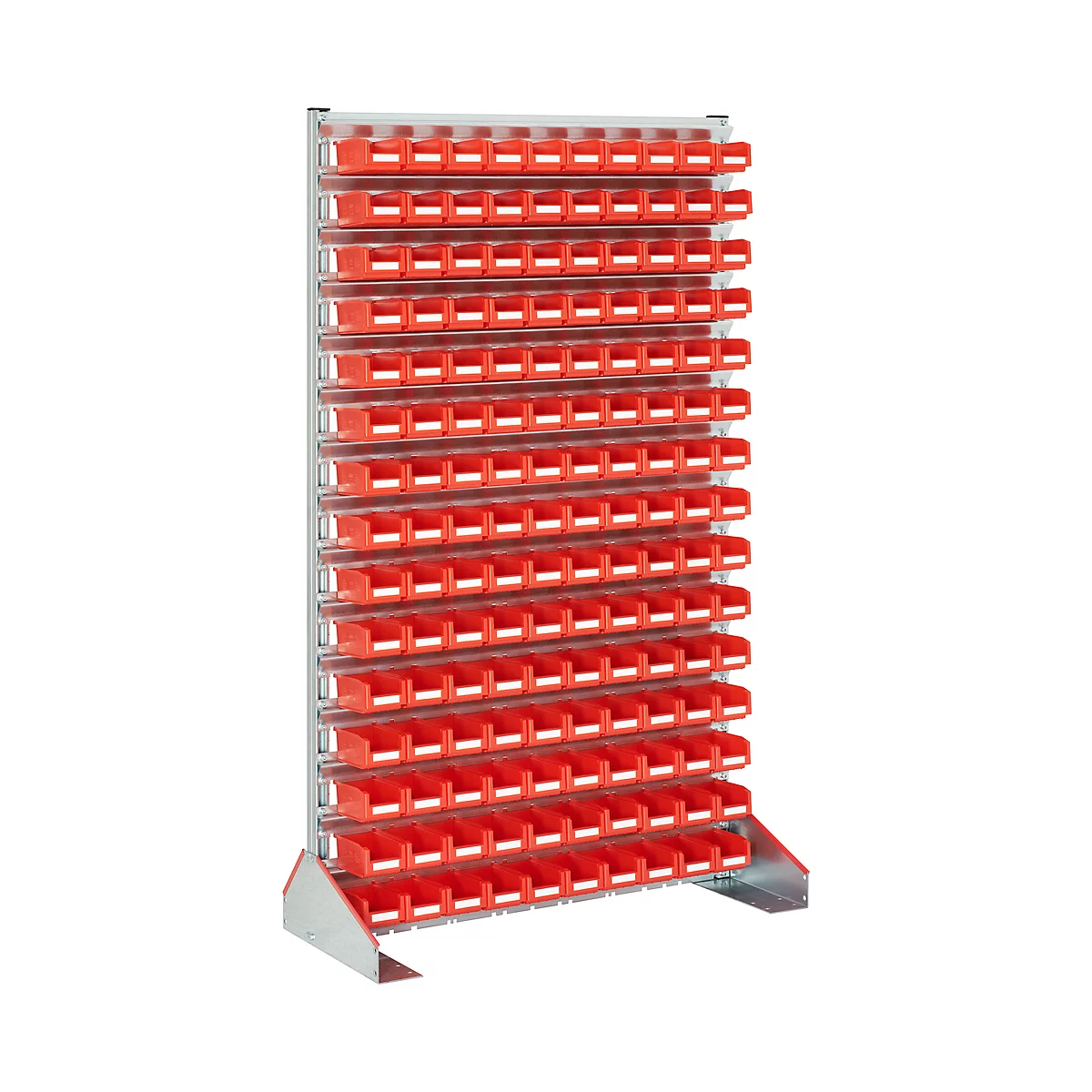 A red storage rack with many compartments, ideal for organizing small parts.