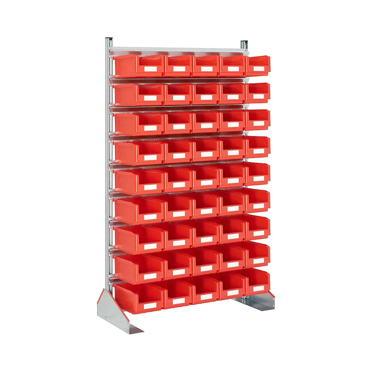 Storage shelf with many red plastic boxes for storage.