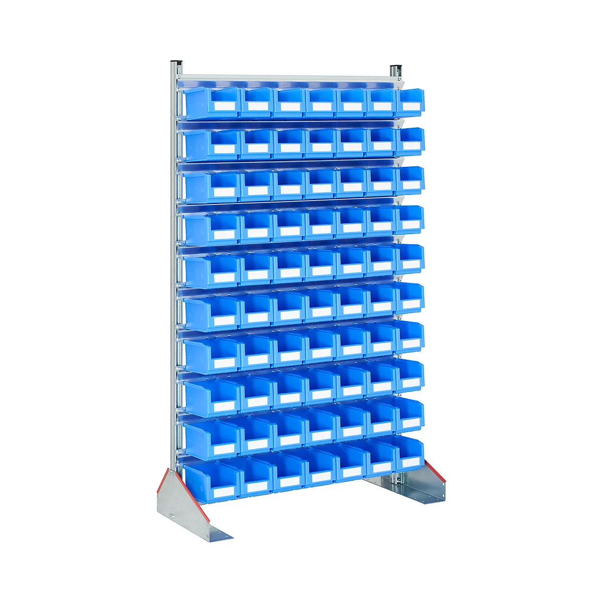 Blue shelf with many small, open compartments.