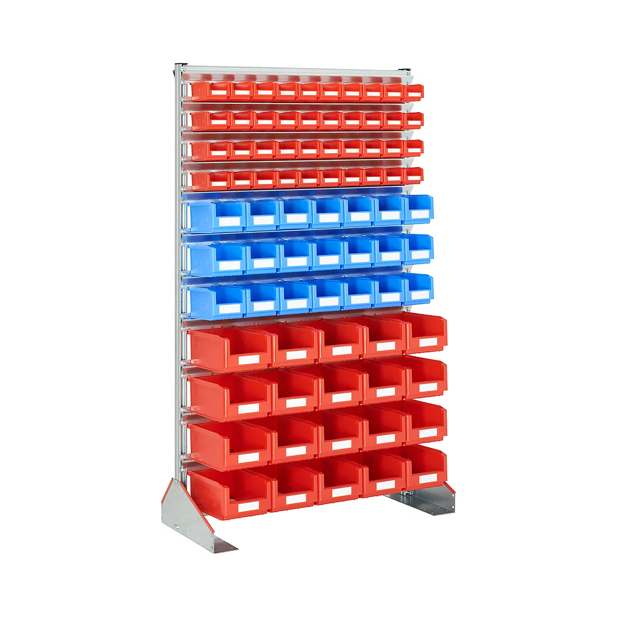 Shelf with red and blue containers for small parts.
