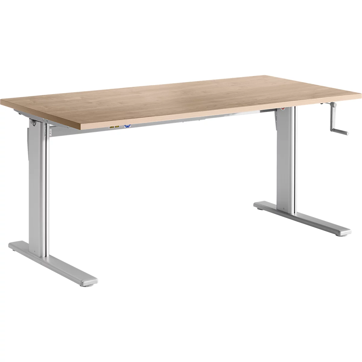 Standaard bureau, rechthoekig, handmatig in hoogte verstelbaar met slinger, C-poot, B 1200 x D 800 x H 728-1188 mm, eiken decor/blank aluminium