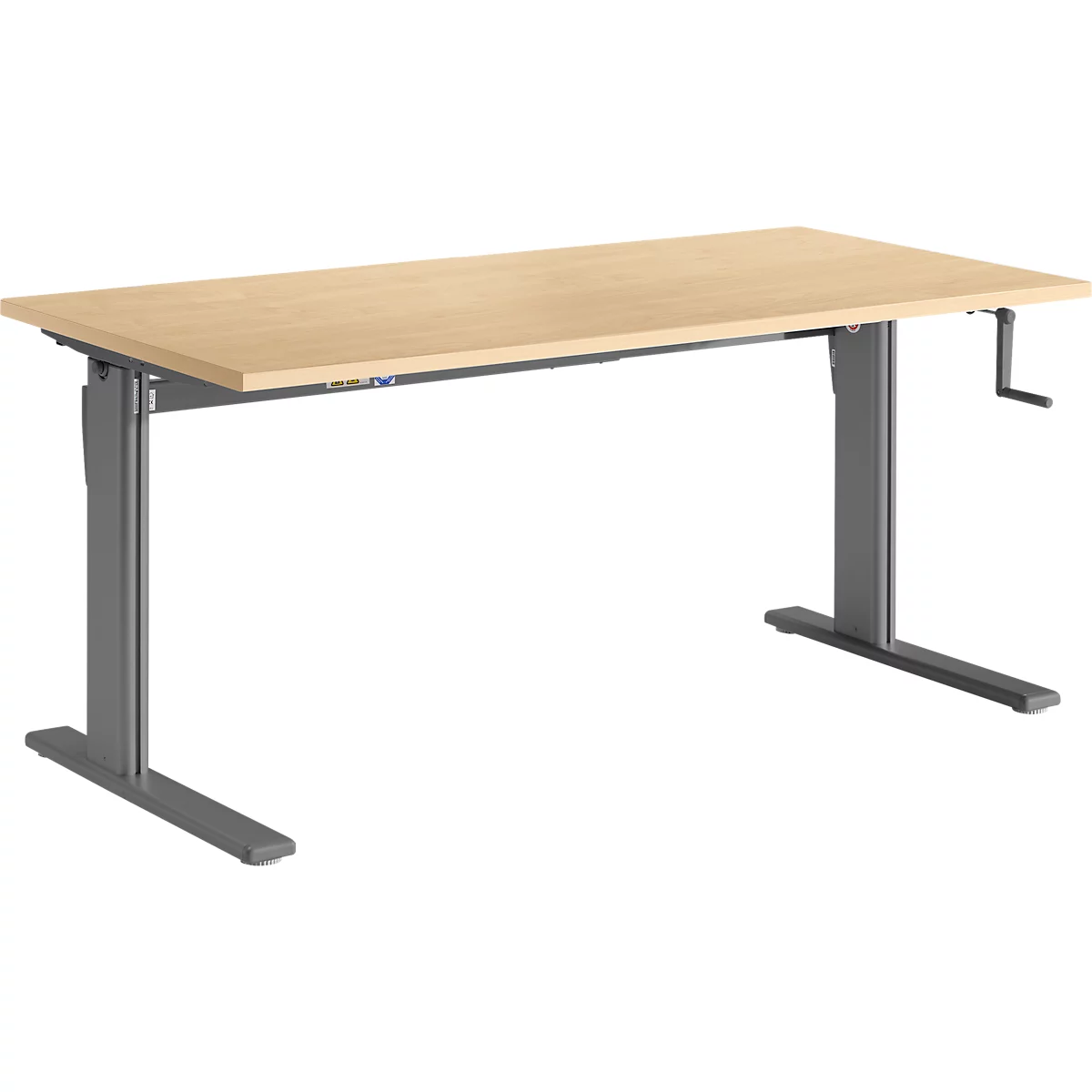 Standaard bureau, rechthoekig, handmatig in hoogte verstelbaar met slinger, C-poot, B 1600 x D 800 x H 728-1188 mm, ahorn decor/antraciet