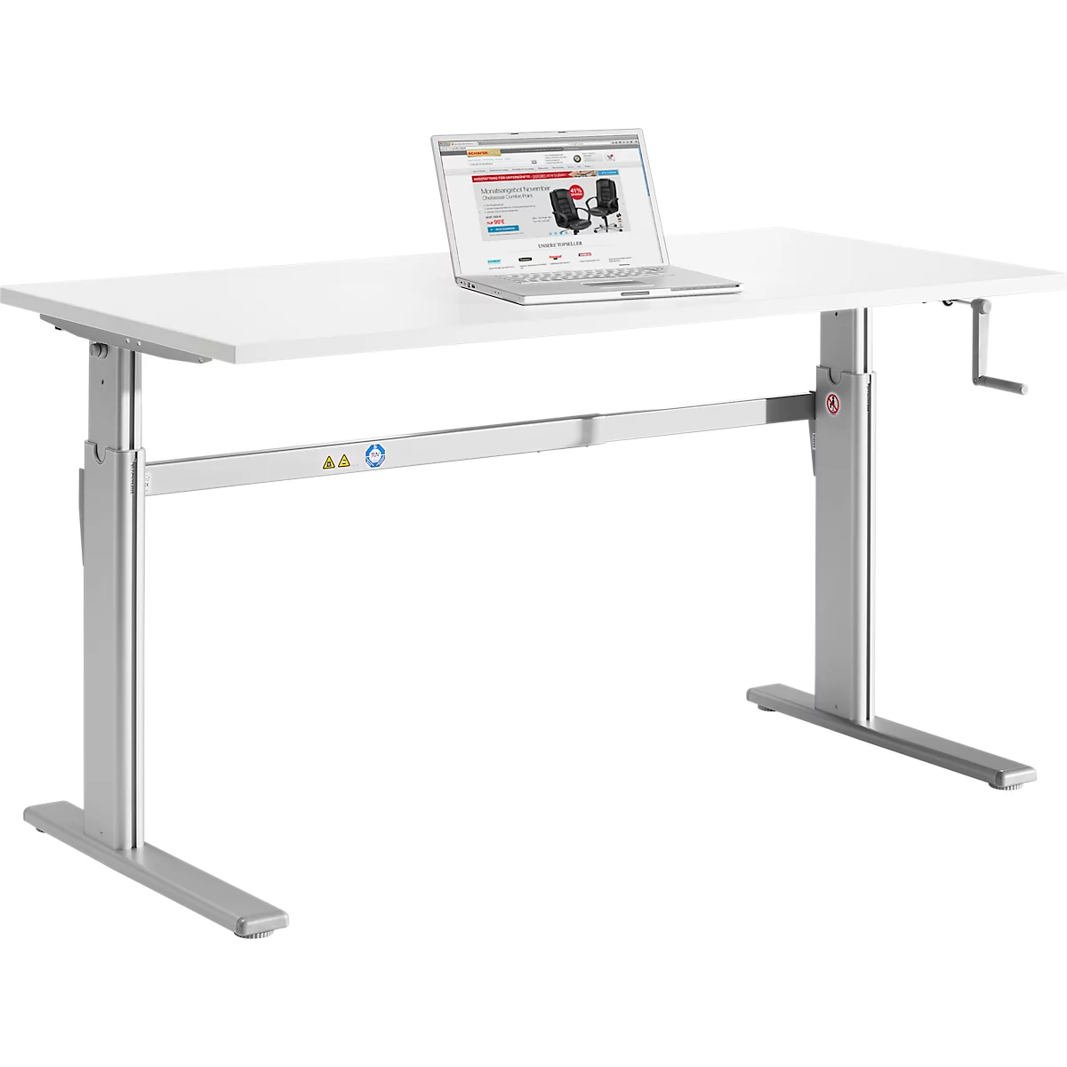 Standaard bureau, rechthoekig, handmatig in hoogte verstelbaar met slinger, C-voet, B 1200 x D 800 x H 728-1188 mm, wit/blank aluminium