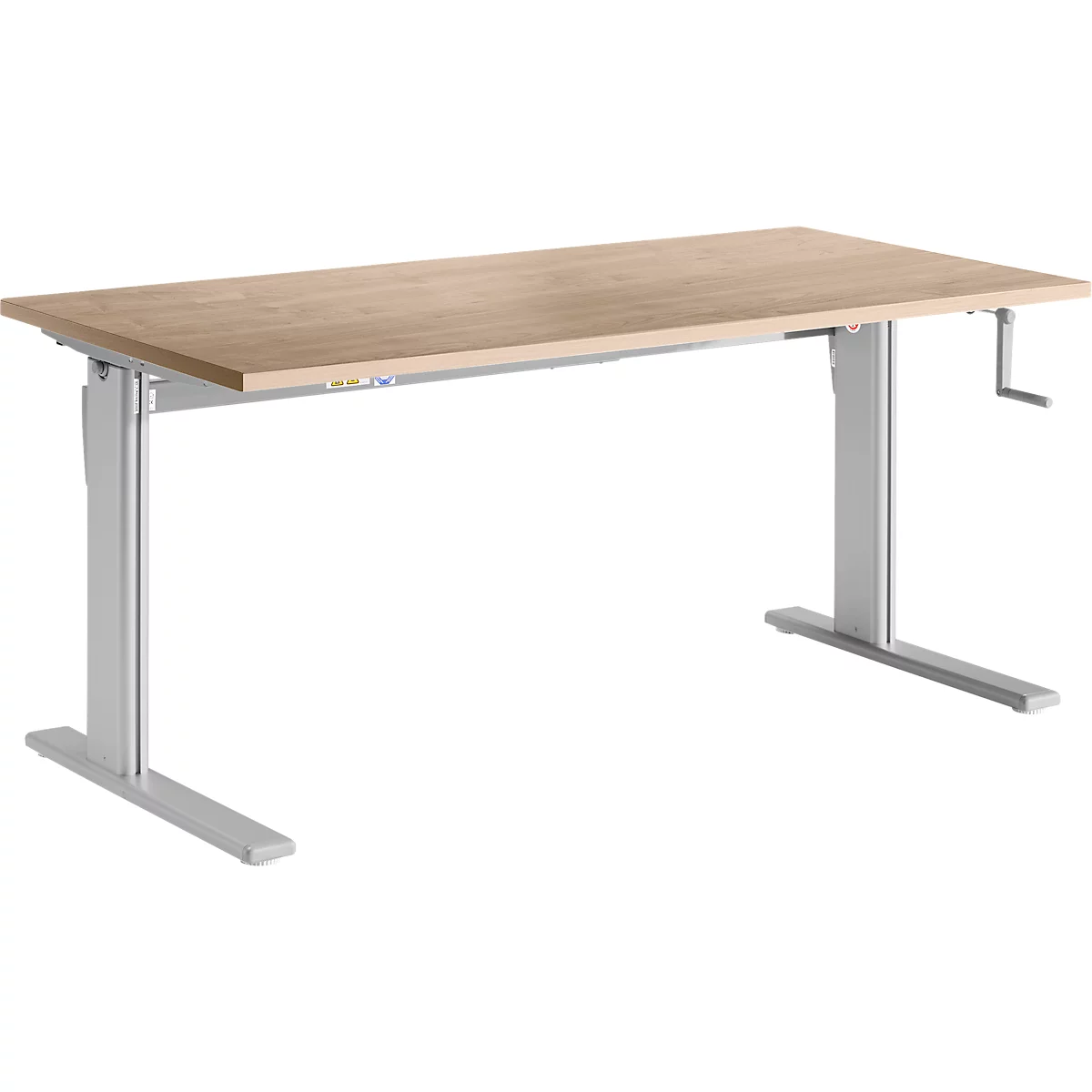 Standaard bureau, rechthoekig, handmatig in hoogte verstelbaar met slinger, C-voet, B 1600 x D 800 x H 728-1188 mm, eiken decor/blank aluminium
