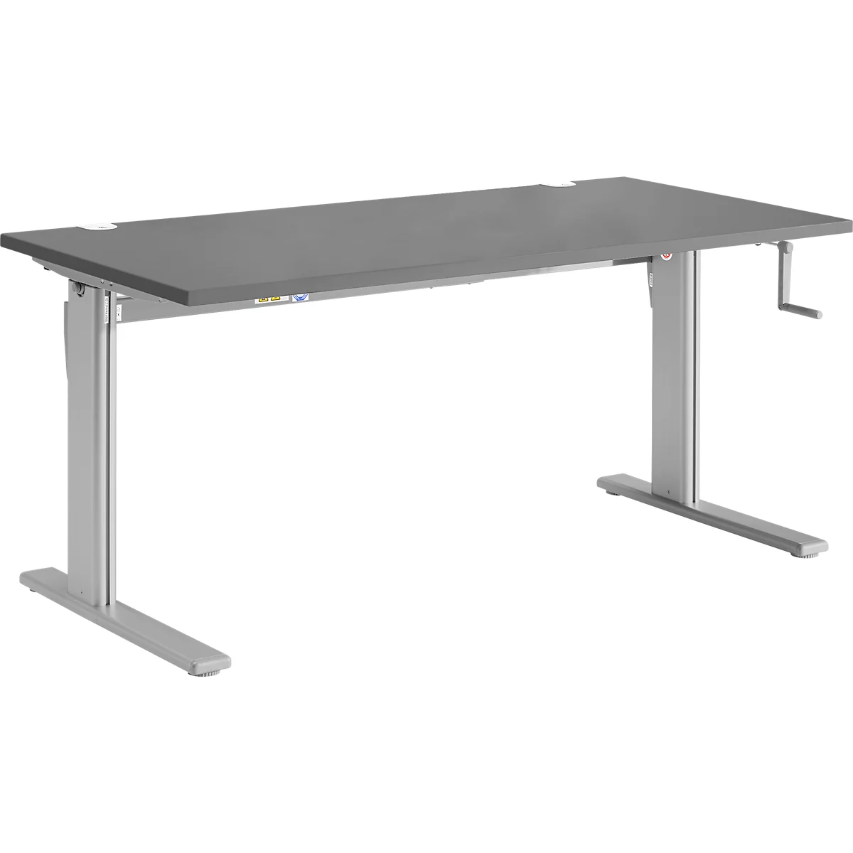 Standaard bureau, rechthoekig, handmatig in hoogte verstelbaar met slinger, C-voet, B 1600 x D 800 x H 728-1188 mm, grafiet/blank aluminium