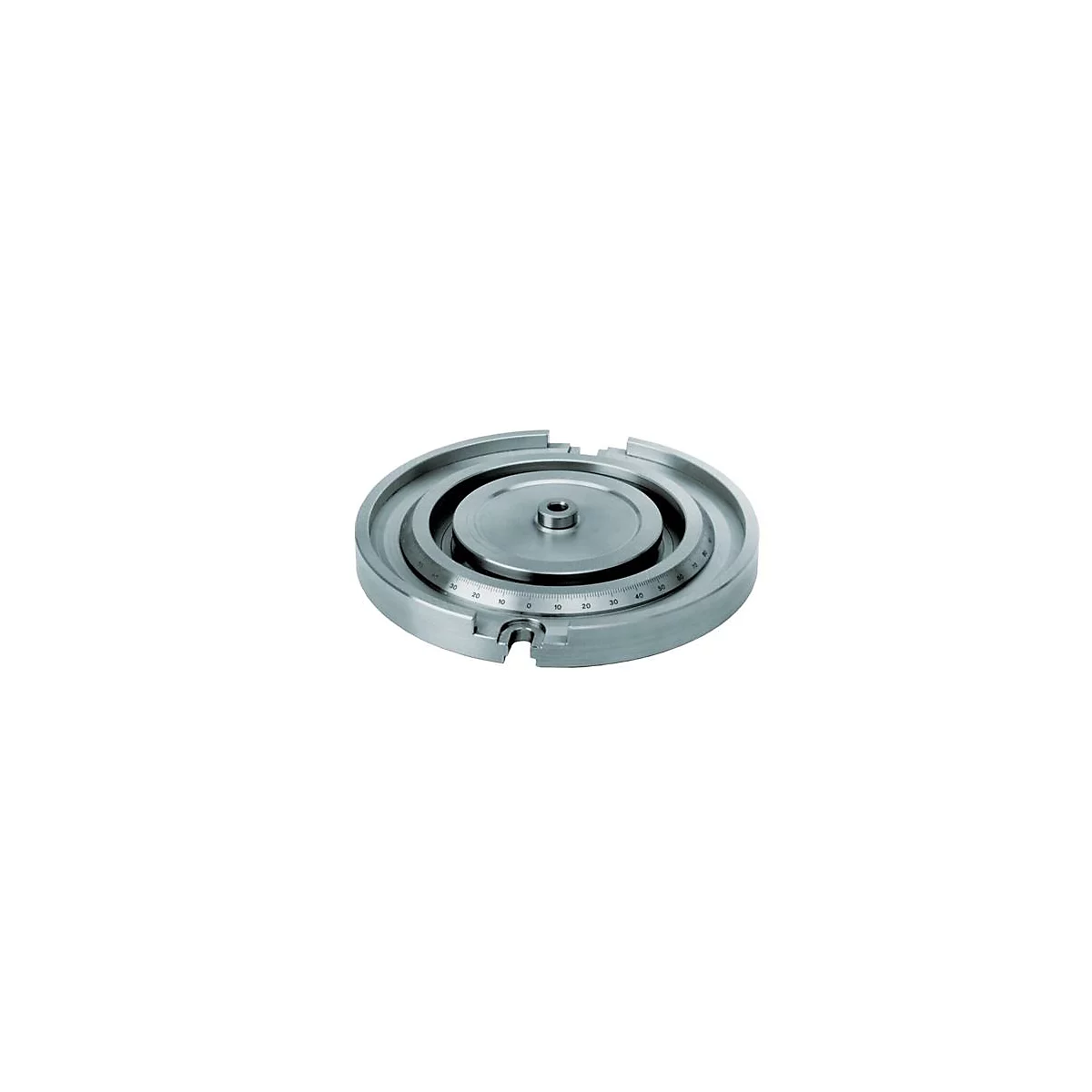 Een metalen ronde tafel met een gradenschaal en een verhoogde centrale plaat.