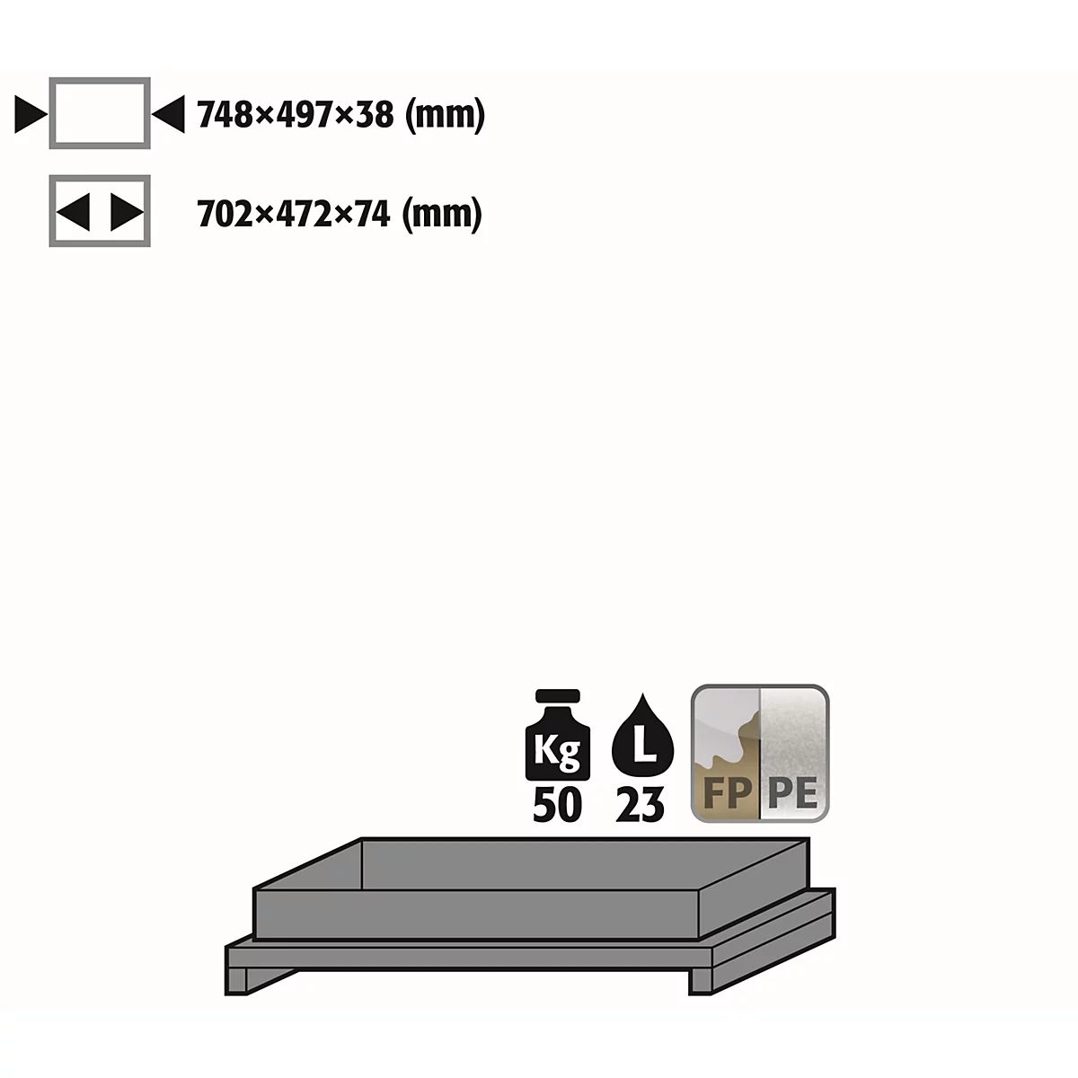 Standaard lade voor asecos veiligheidskasten van de series Q30, Q90 en S90, polypropyleen, grijs, B 749 x D 505 x H 107 mm, 22 l, tot 50 kg