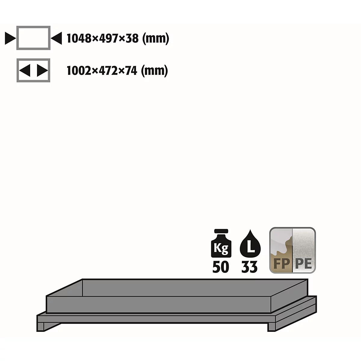 Standaard lade voor asecos veiligheidskasten van de series Q30, Q90 en S90, polypropyleen, grijs, B 955 x D 485 x H 112 mm, 33 l, tot 50 kg