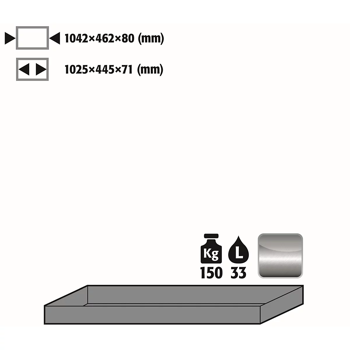Standaard lade voor asecos veiligheidskasten van de series Q30, Q90 en S90, roestvrij staal 1.4016, B 1042 x D 462 x H 80 mm, 33 l, tot 150 kg