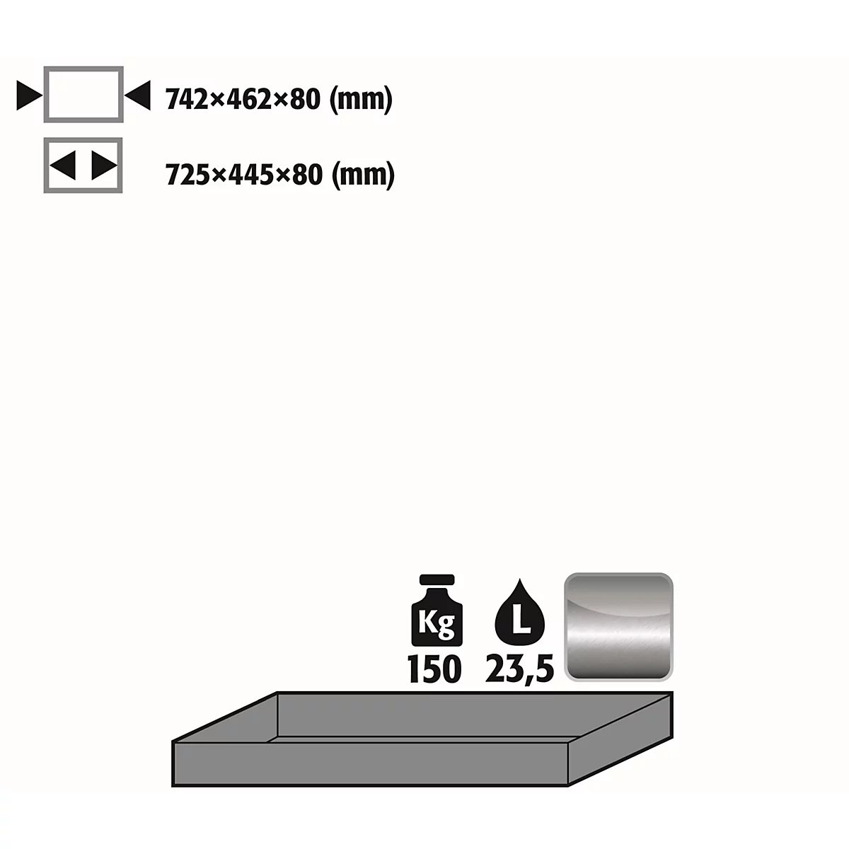 Standaard lade voor asecos veiligheidskasten van de series Q30, Q90 en S90, roestvrij staal 1.4301, B 742 x D 507 x H 83 mm, 22 l, tot 150 kg