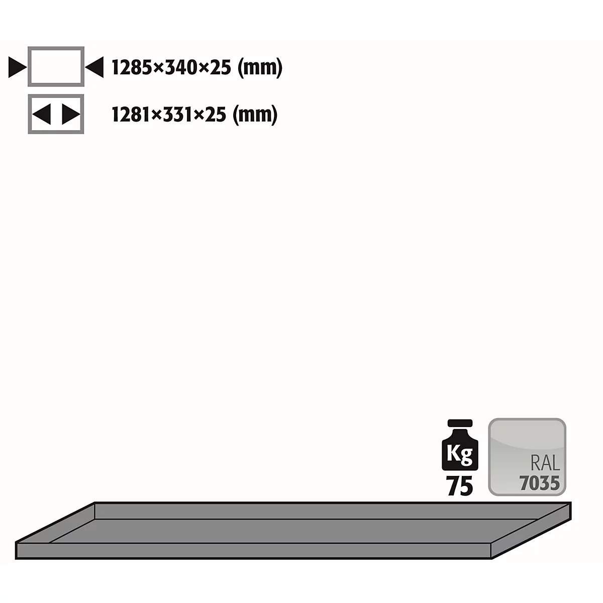 Standaard legbord voor asecos gasflessenkasten, plaatstaal, lichtgrijs, B 1285 x D 340 x H 25 mm, tot 75 kg
