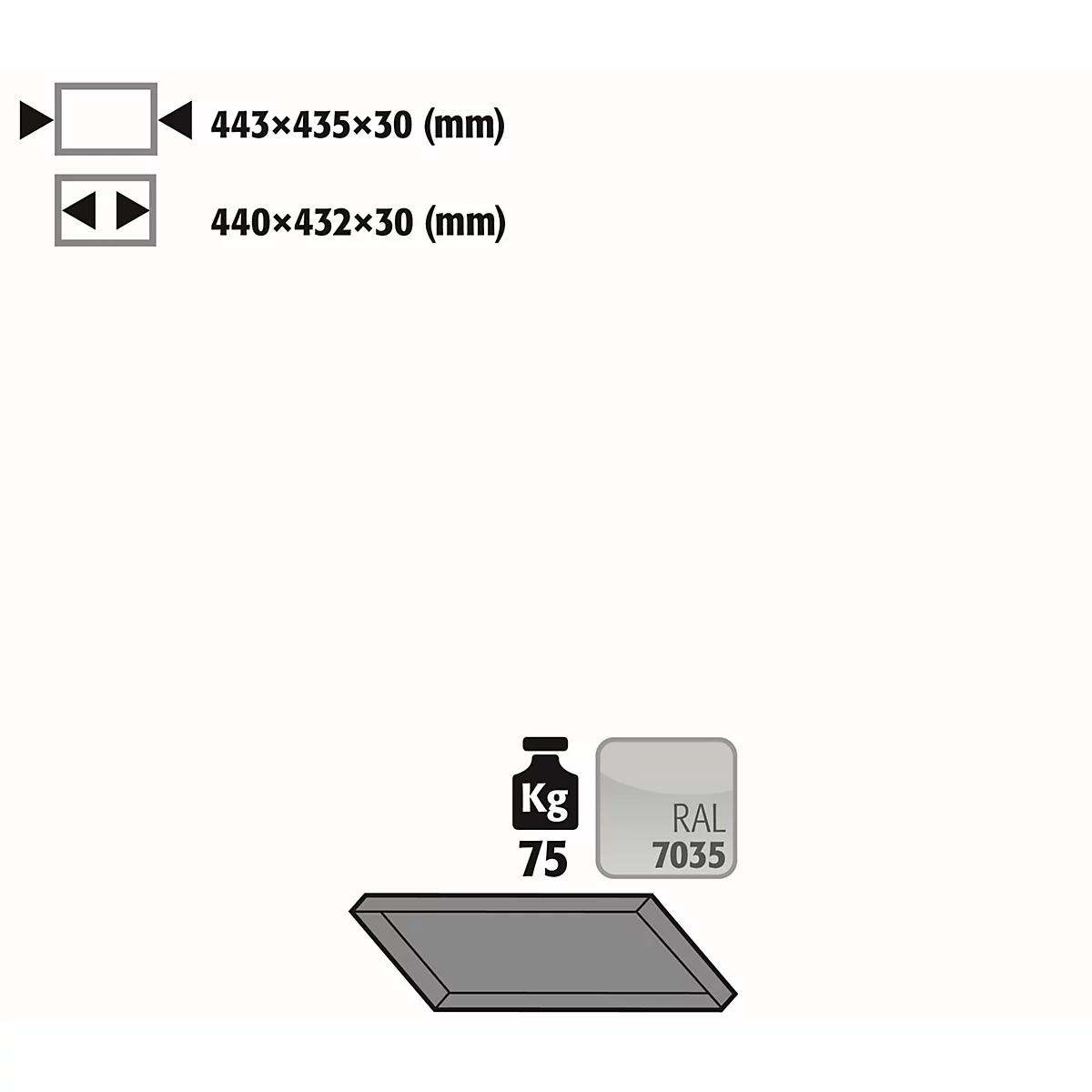 Standaard legbord voor asecos gasflessenkasten, plaatstaal, lichtgrijs, B 443 x D 435 x H 30 mm, tot 75 kg