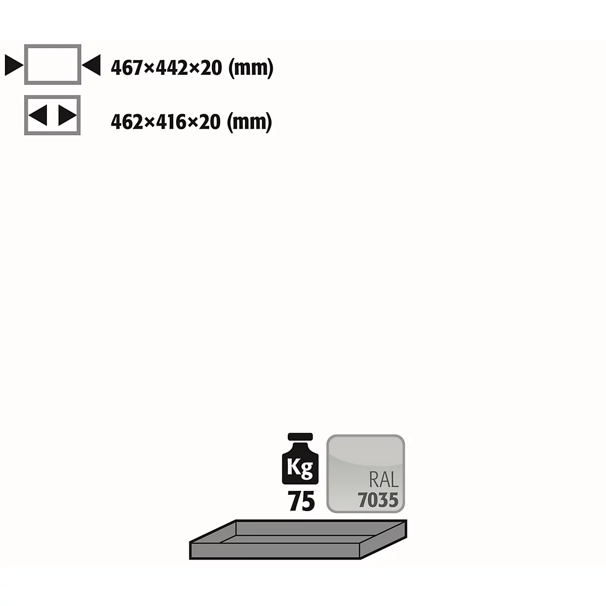 Standaard legbord voor asecos veiligheidskasten van de serie UB90, plaatstaal, lichtgrijs, B 467 x D 422 x H 20 mm, tot 30 kg
