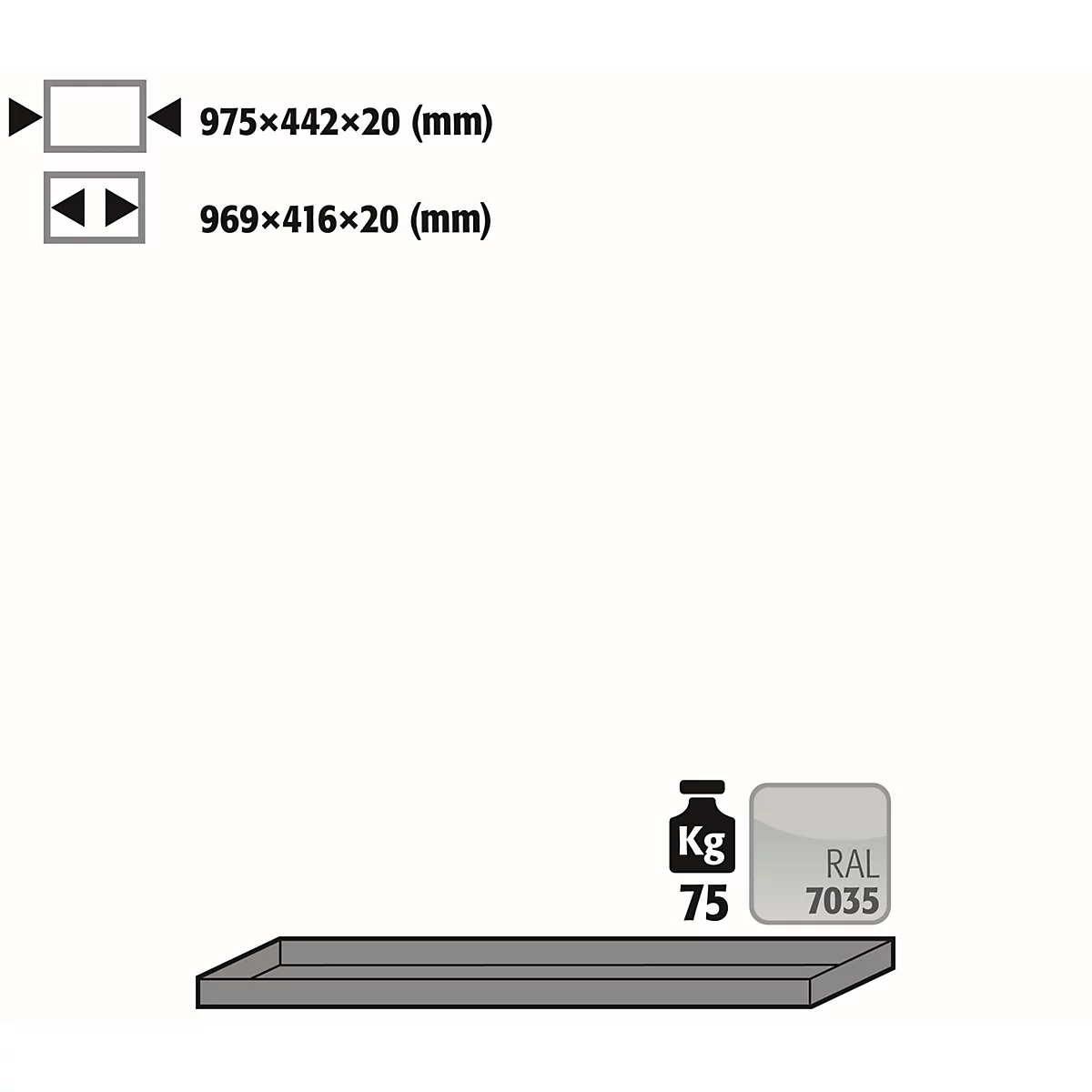 Standaard legbord voor asecos veiligheidskasten van de series UB90 en UB30, plaatstaal, lichtgrijs, B 975 x D 422 x H 20 mm, tot 30 kg