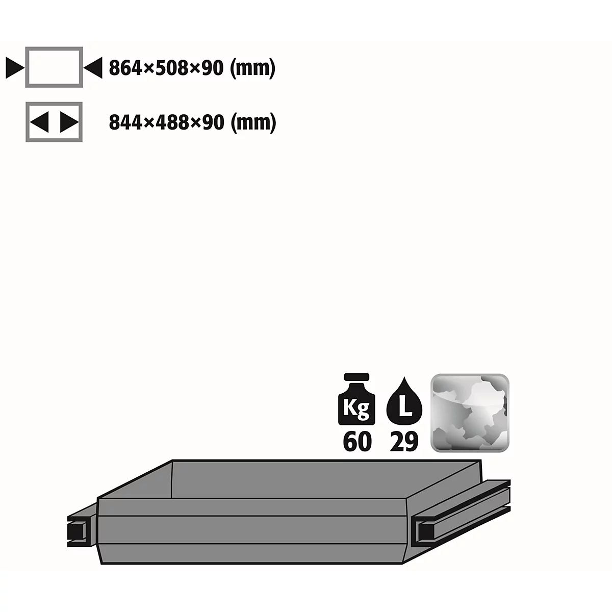 Standaard uittrekbaar dienblad voor asecos veiligheidskasten van de series Q30, Q90 en S90, roestvrij staal 1.4301, B 864 x D 508 x H 90 mm, 29 l, tot 60 kg