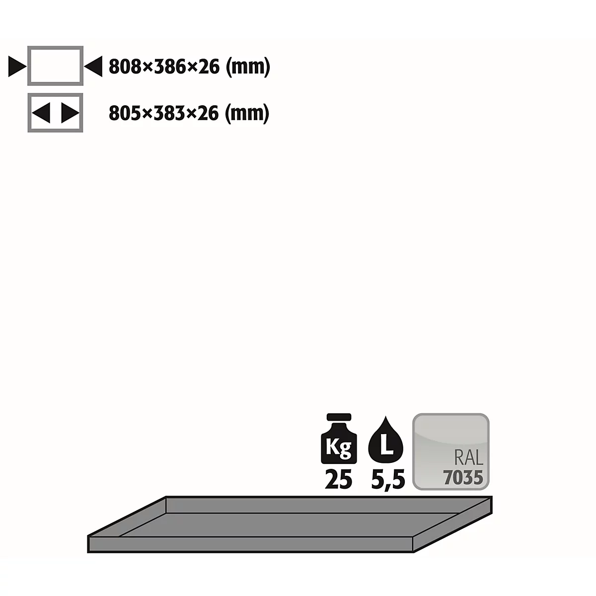 Standaardbak voor asecos chemiekasten, plaatstaal, lichtgrijs, B 808 x D 386 x H 50 mm, 8,5 l, tot 25 kg