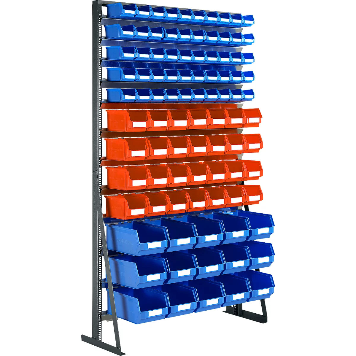 Een zwart rek met veel kleine, stapelbare opbergbakken in blauw en oranje.