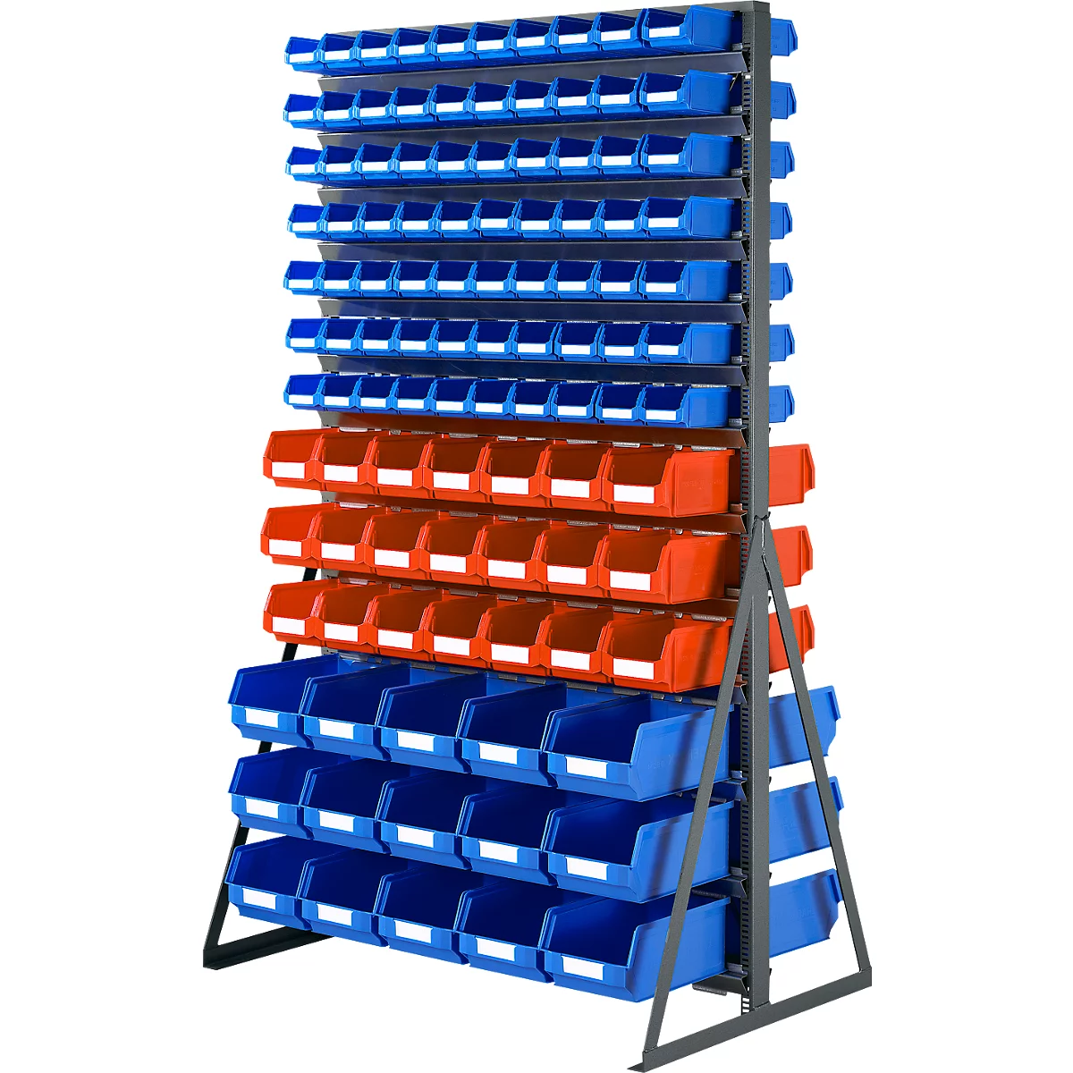 Vrijstaande stellingkast met blauwe en oranje opslagbakken op een grijs metalen frame.
