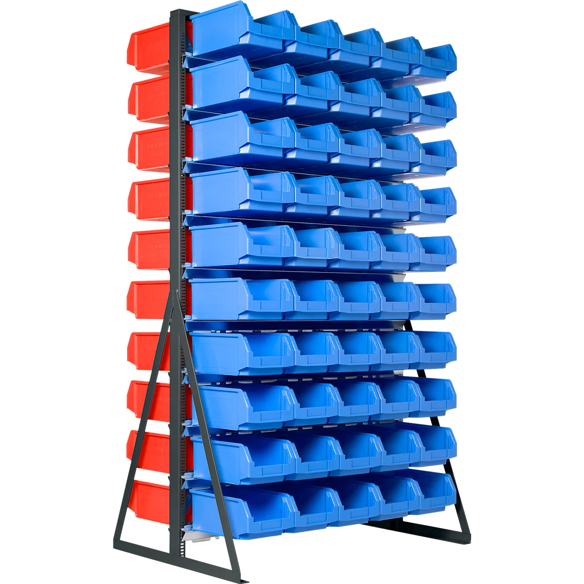 Een zwart metalen rek gevuld met talloze blauwe en rode kunststof magazijnbakken.