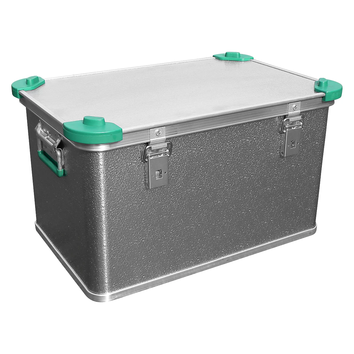 Grey metal box with green handle and corners, two clasps and a silver lid.
