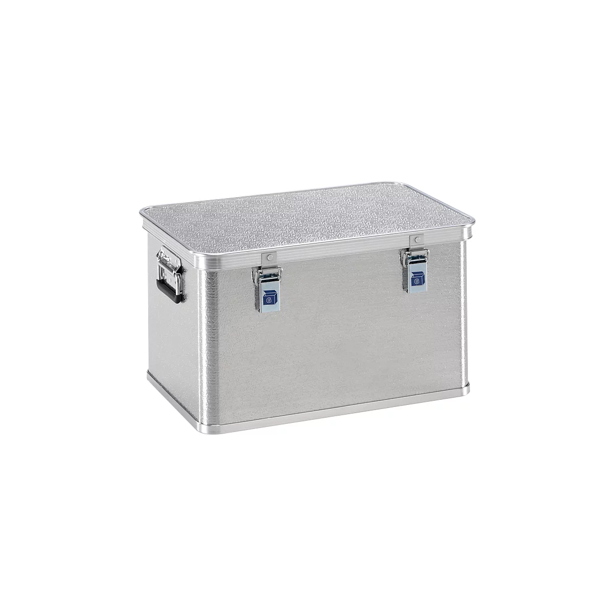Silver aluminum transport box, rectangular, with handle and two closures.