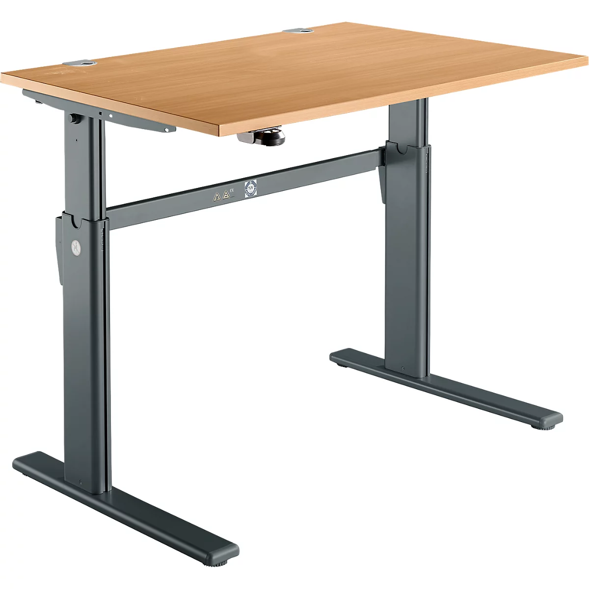 Height-adjustable desk, wooden top, gray metal frame.